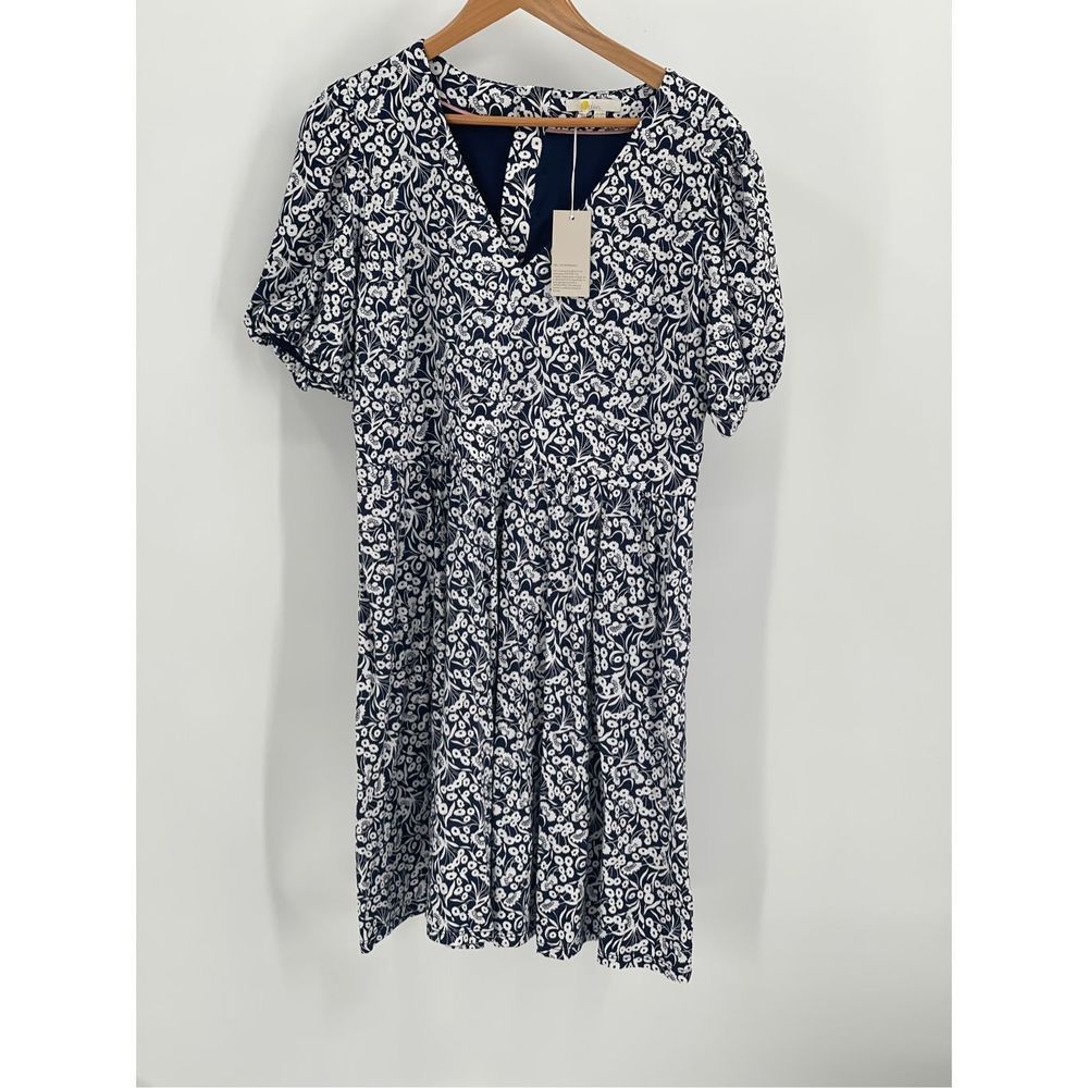 Boden Dress Women Size 14 Back Cutout Floral Mini Dress V Neck Short Sleeve Blue